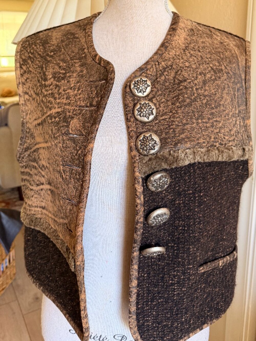 Rare Vintage German Wool Leather Vest Alpine Core Euro Heritage